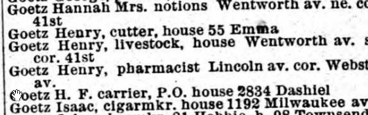 Henry Goetz, cutter, in the 1882 Chicago City Directory