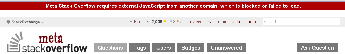 Meta Stack Overflow requires external JavaScript from another domain, which is blocked or failed to load.