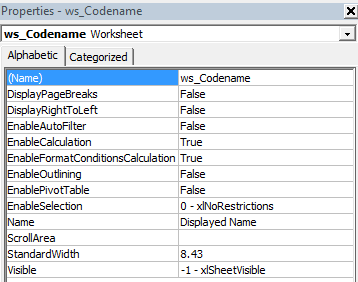 Sheet codename in property window