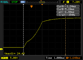 Oscilloscope trace showing a steady rise to working voltage of 24V