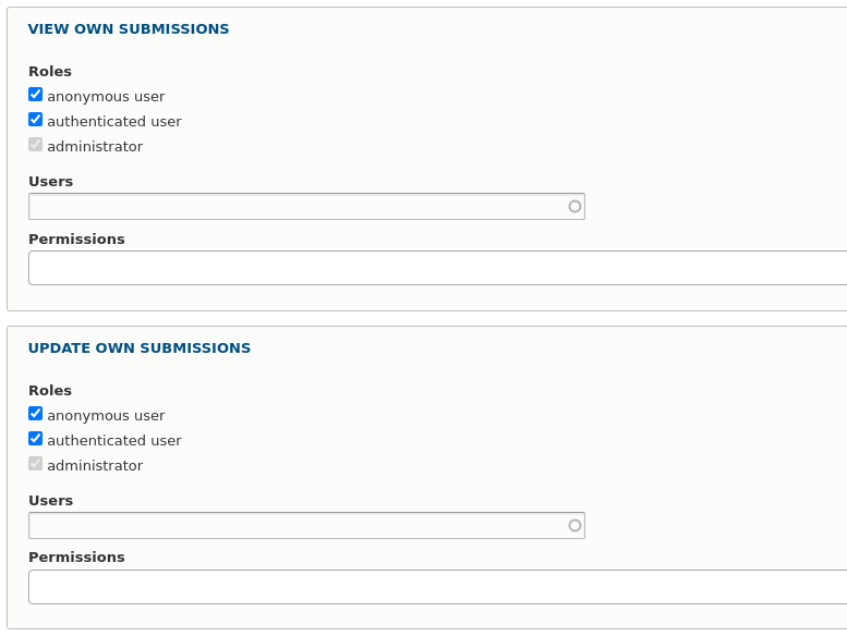 View/ Update Own Submissions: anonymous, authenticated, administrator