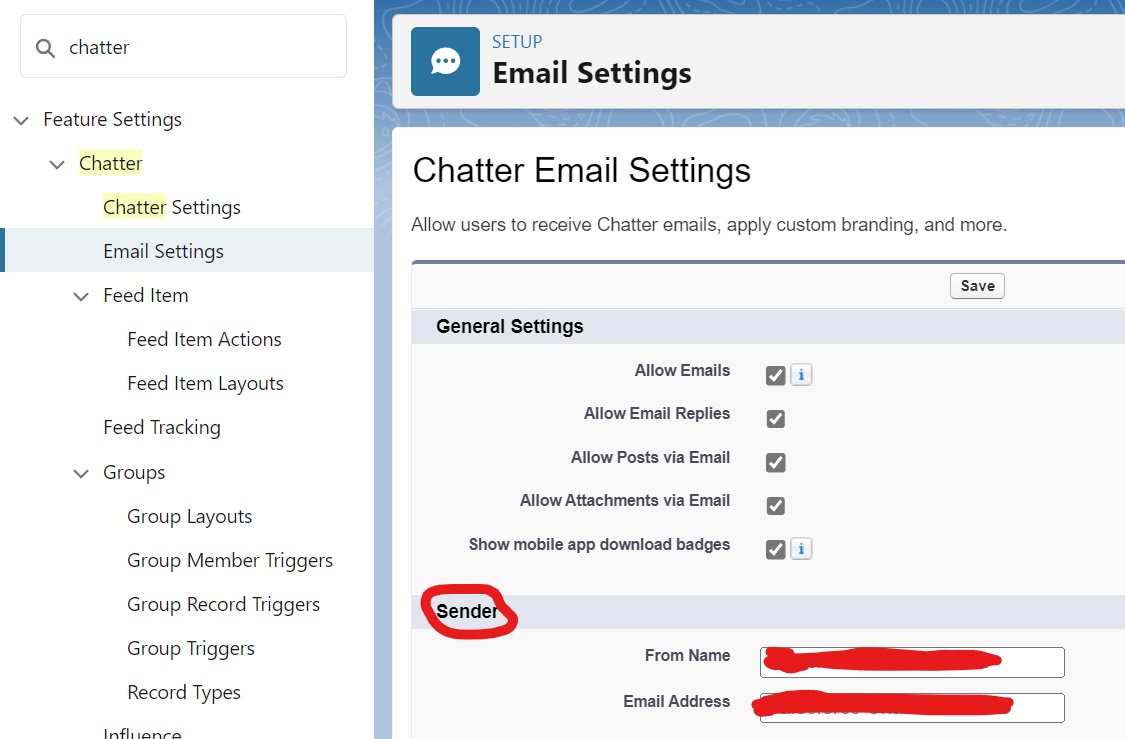 Chatter Email Settings in Setup