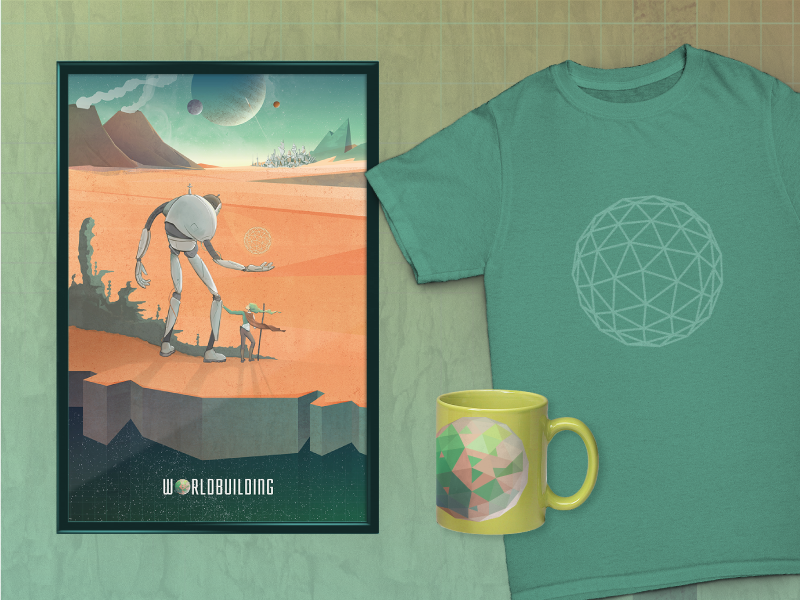 Worldbuilding poster, t-shirt, and coffee mug