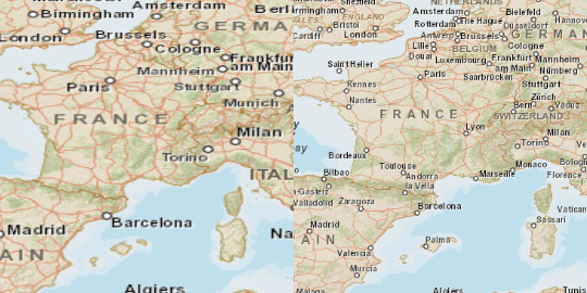 Comparison of Re-projection Artifacts (left image:mercator; right image:spherical)