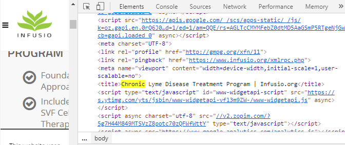 Infusio site source code, showing Chronic Lyme Disease claim