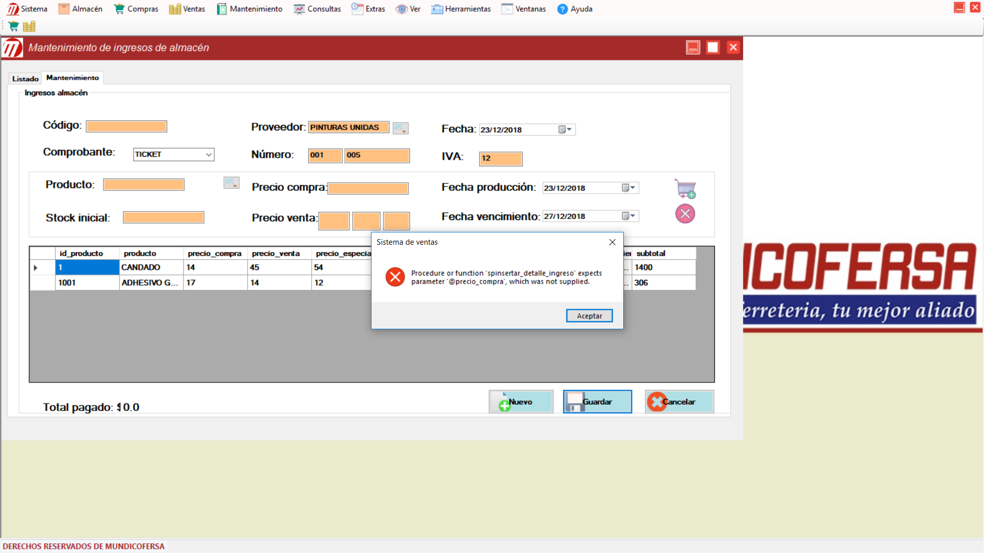 error en procedure de sistema de ventas