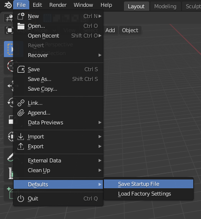 screenshot showing the Save Startup File and Load Factory Settings options in File > Defaults