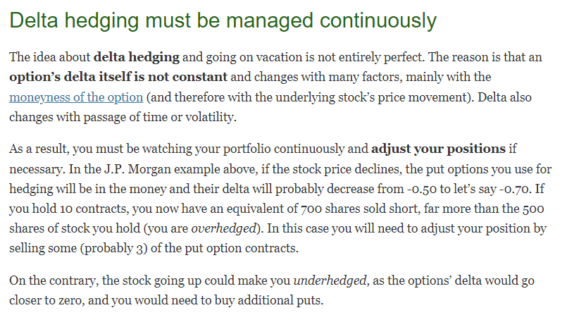 Delta hedge reqires continuous management