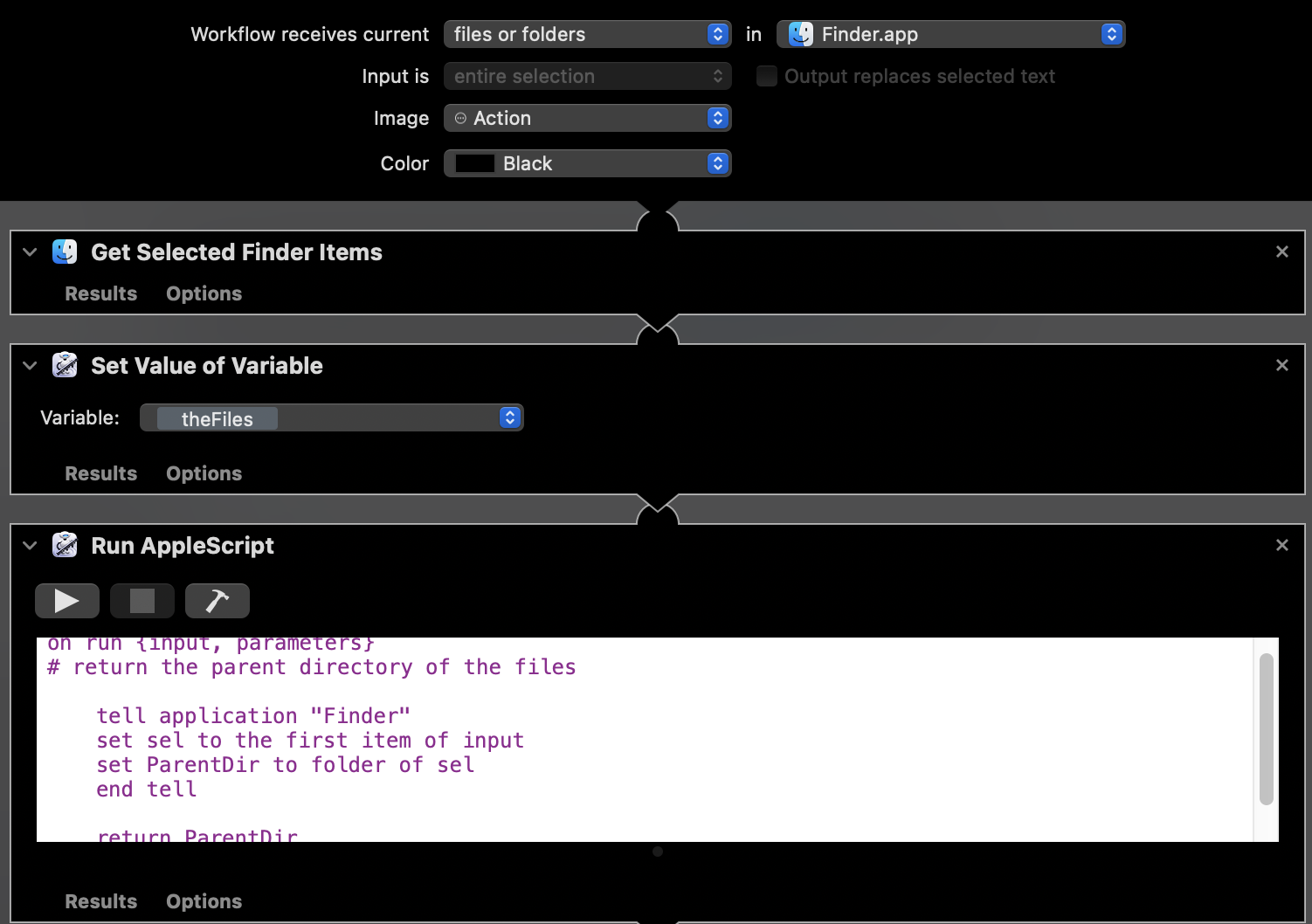 Screenshot of Automator action using variables