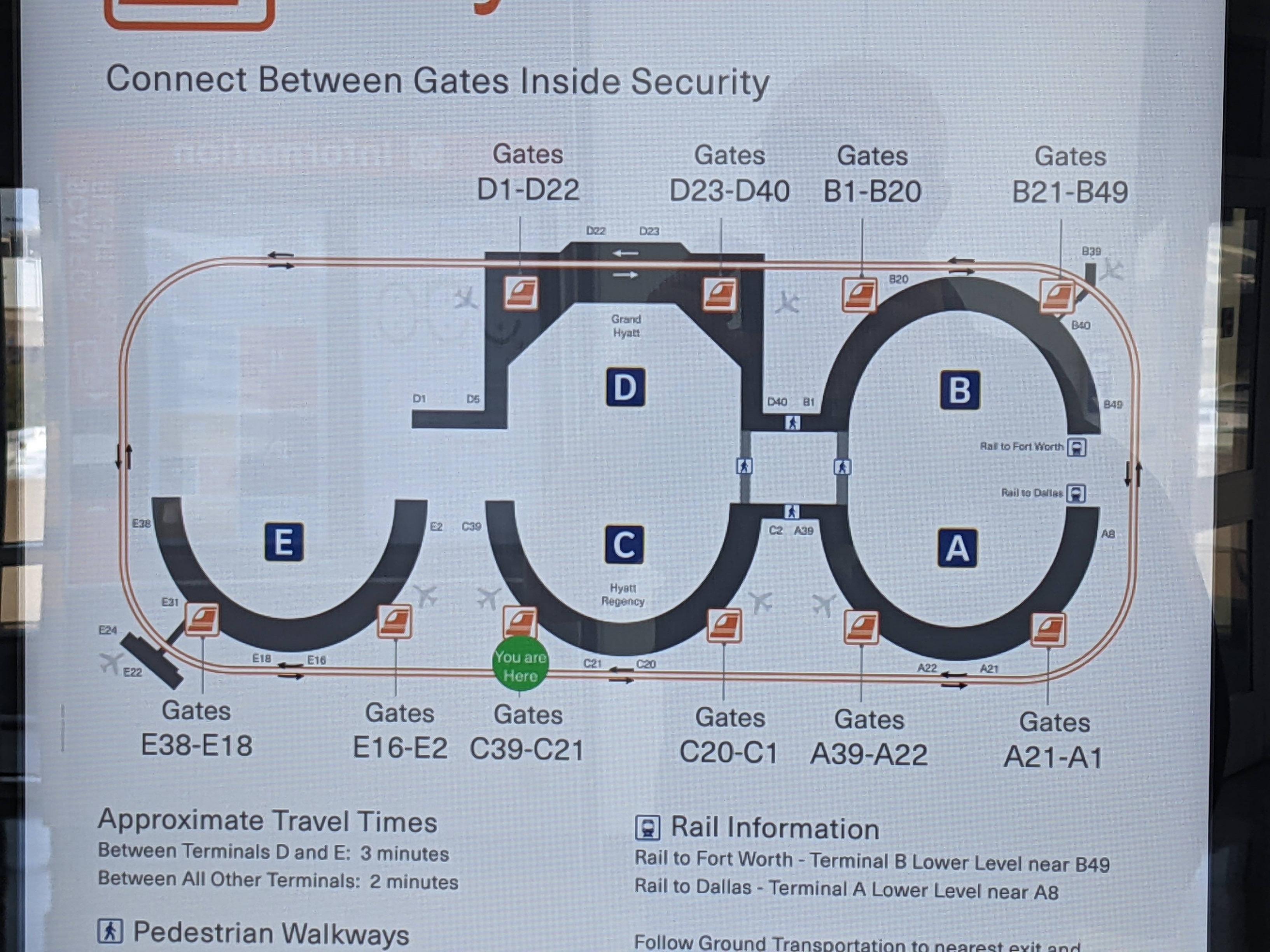 Map of the secure area inside Dallas Fort Worth International Airport