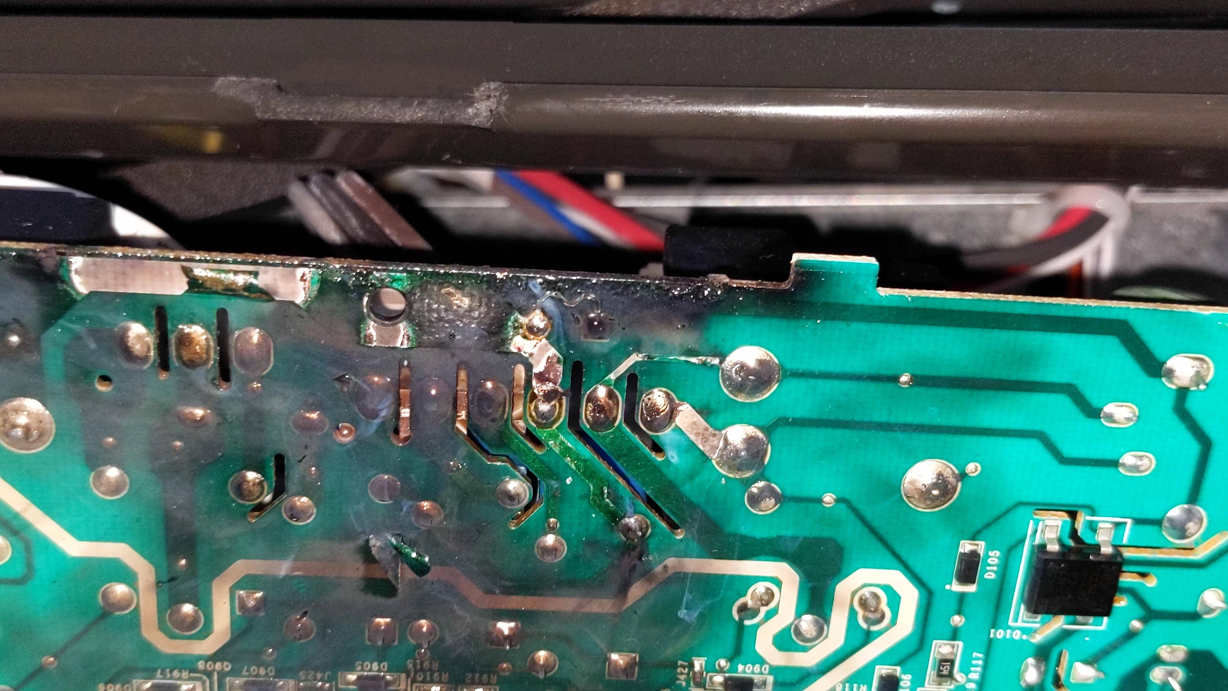 Close up of burned PCB