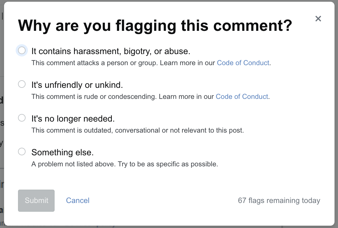 Comment flagging dialogue. "Why are you flagging this comment?" Contents described below.