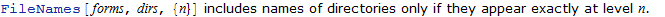 FileNames[forms,dirs,{n}] includes names of directories only if they appear exactly at level n.