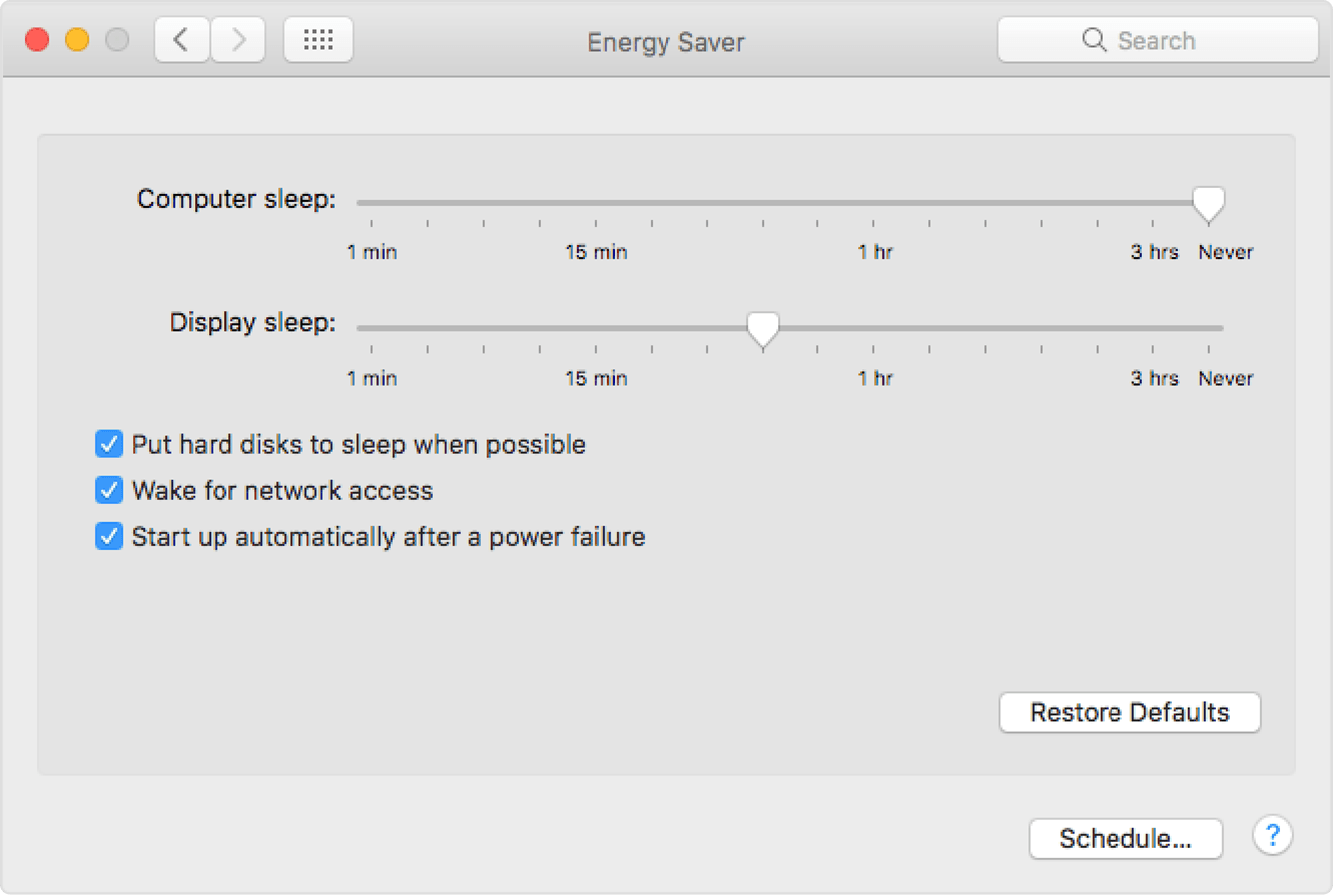 Old energy saver settings