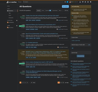 Stack Overflow's Questions list page in dark mode, with updates