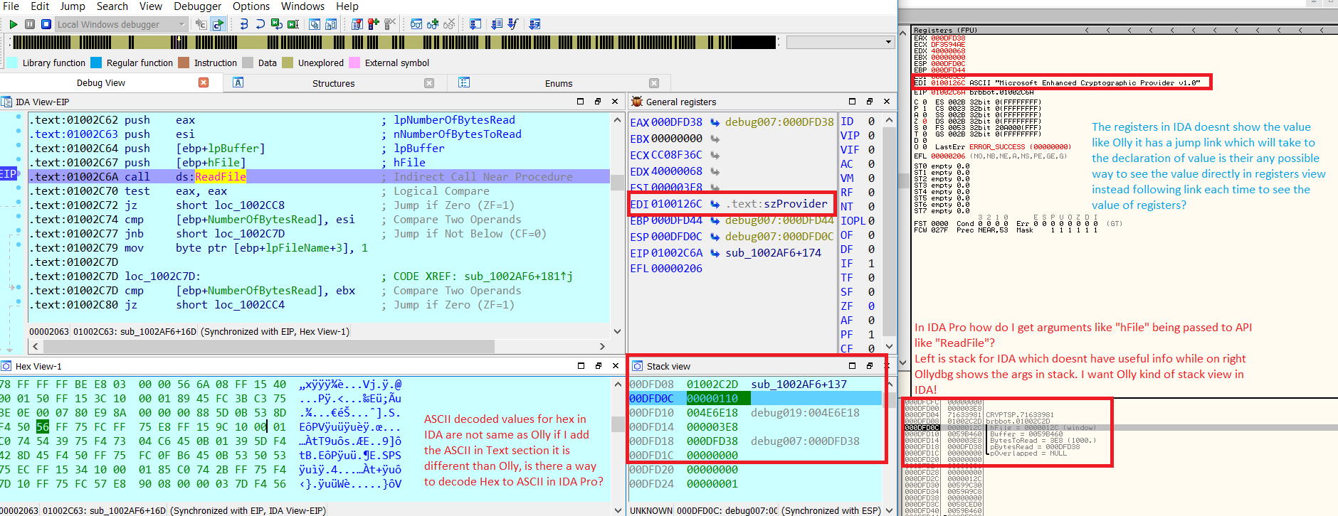 screenshot of IDA Pro and Olly comparison