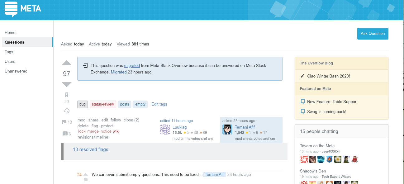 Screenshot of the current post before it was edited. The Meta banner is visible as is the score and other elements of the page but the title space and post body are completely empty of text, showing only the post notice banner stating that the post was migrated from Meta Stack Overflow