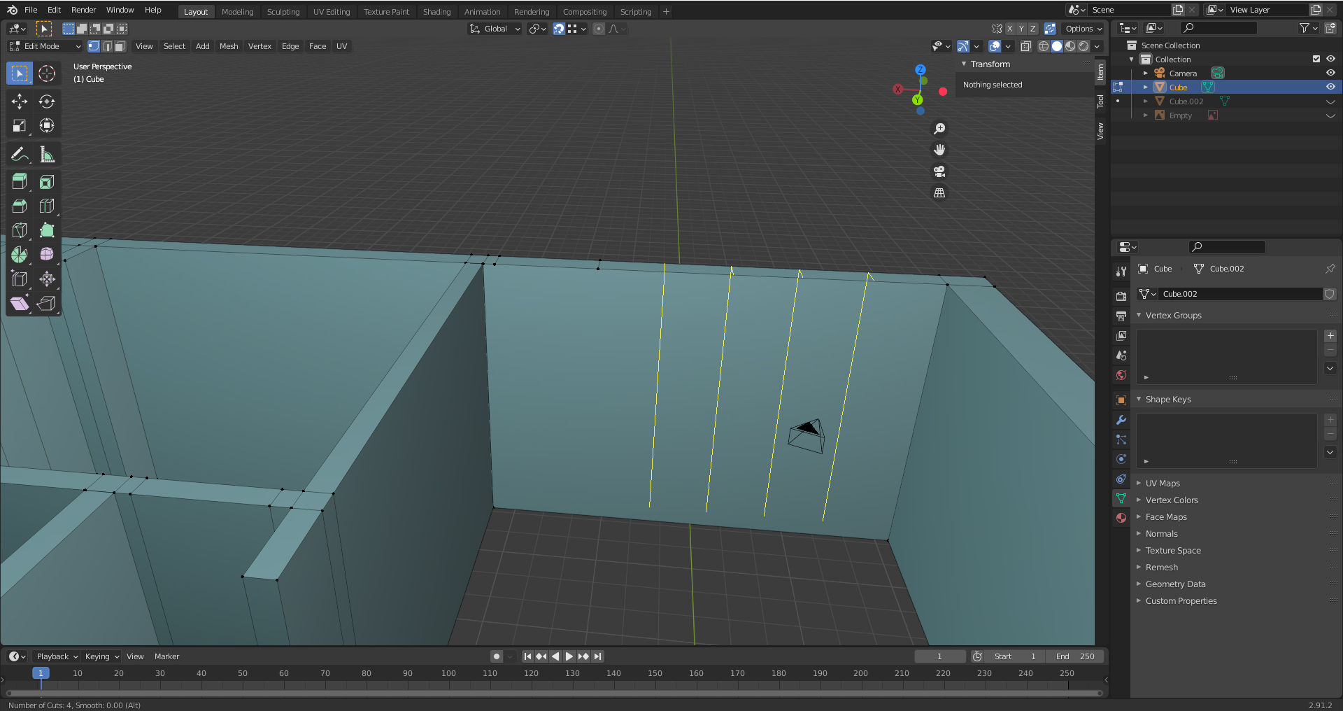 Edge loops only go on the outside of the cube wall. The normals are facing the correct way.