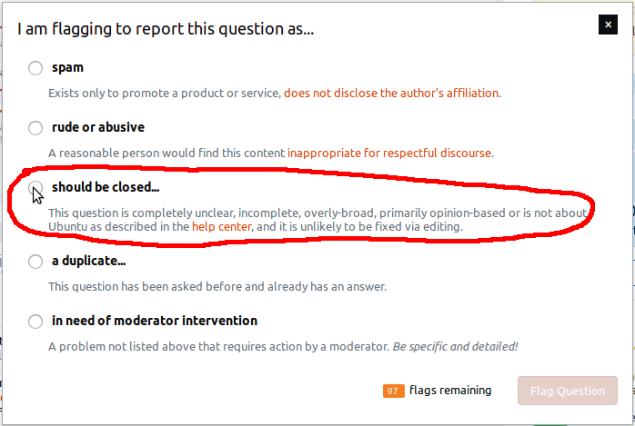 The flagging dialog for questions, showing the "should be closed" option