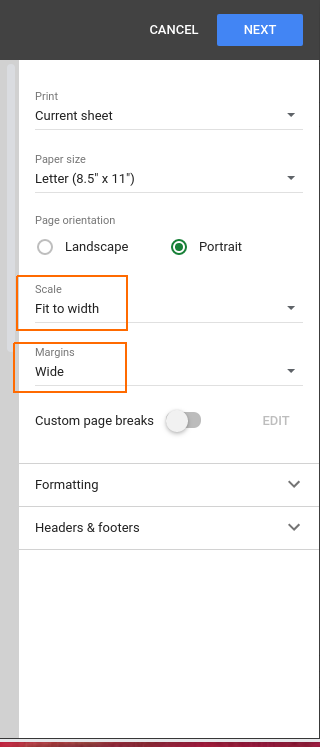 Google Sheets Print settings