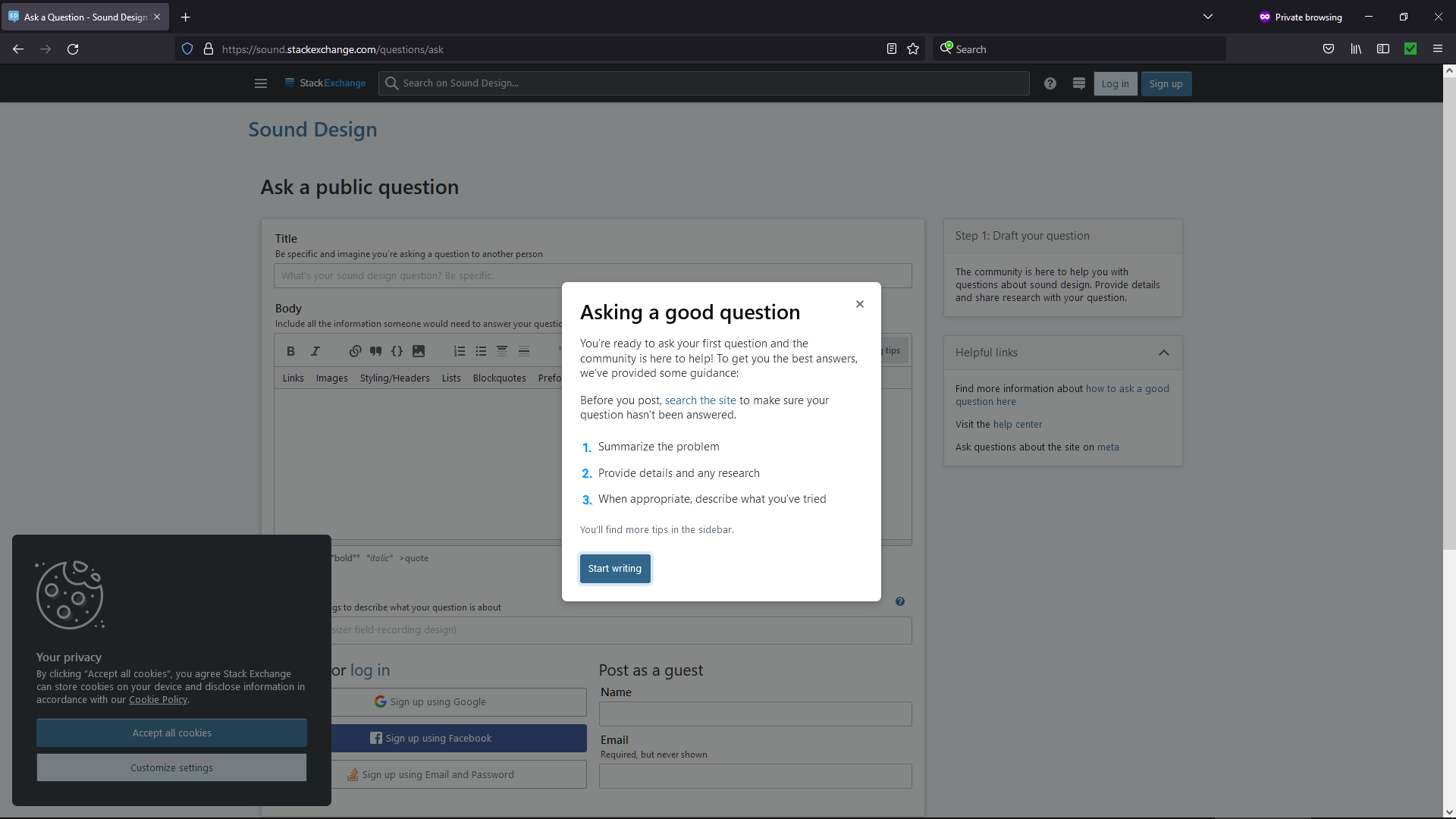 Asking a good question default help modal on SDSE