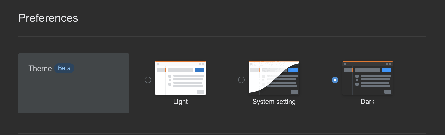 Screenshot of the preferences page, showing the three options, light, dark, and system setting.