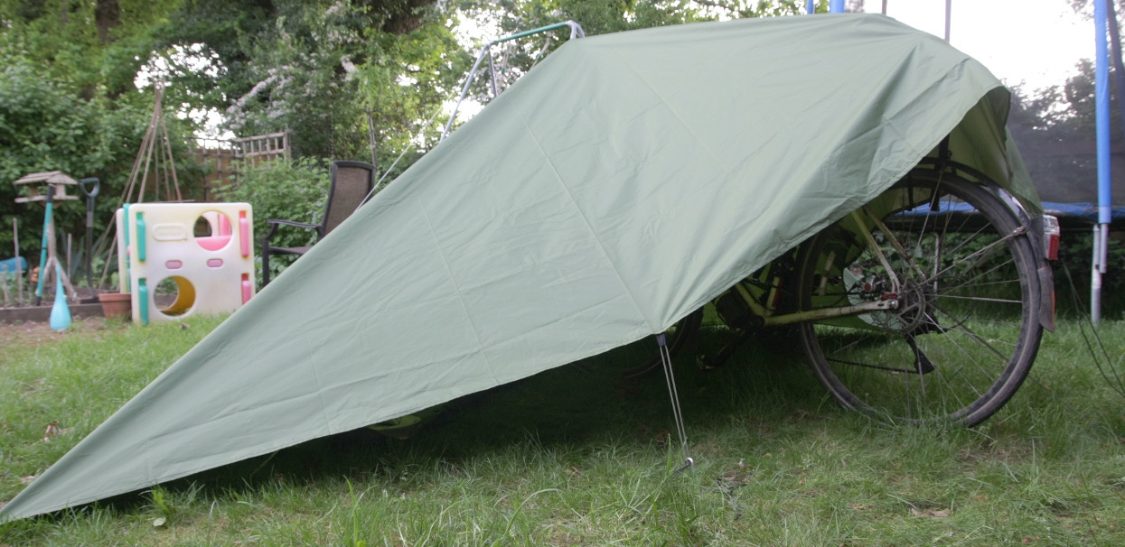 bike under tarp, rear view