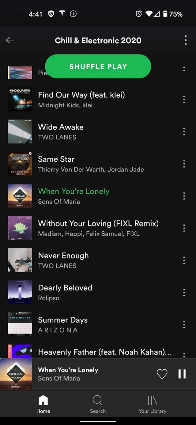 A mobile screenshot showing Spotify's "Shuffle Play" button. The button is approximately half of the device's width, centered, and pinned in a position just under the title of the scrollable playlist.