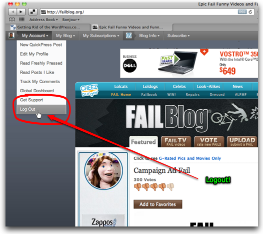 How to logout of WordPress.com while on Failblog