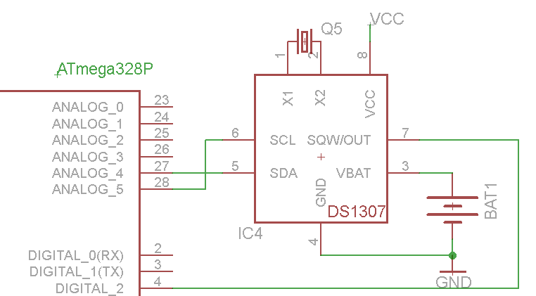 Schematic of my clock without pullup resistors on I2C lines