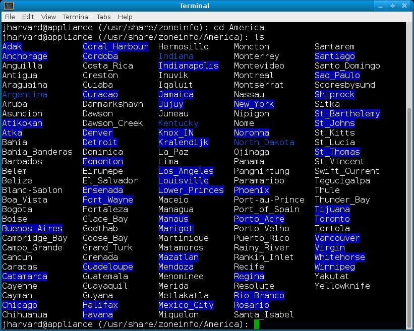 Screenshot of terminal with view of /usr/share/zoneinfo/America