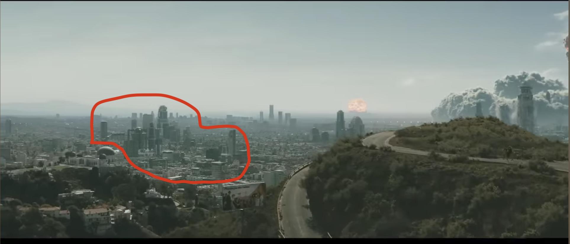 Screen shot from the trailer of LA in 2077. Foreground buildings highlighted