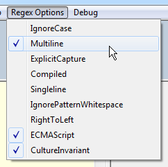 WinForms menu populated with RegexOptions