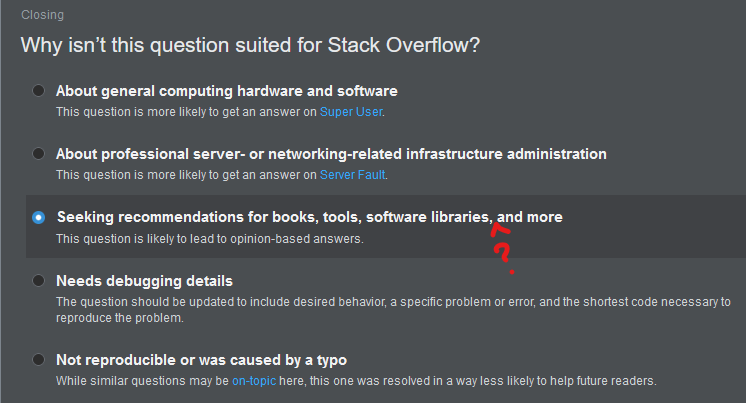 Current dark mode close vote modal showing the recommendation request reason/option, with a caret and question mark drawn in the position of the enumerated items where the word "tutorial" is missing