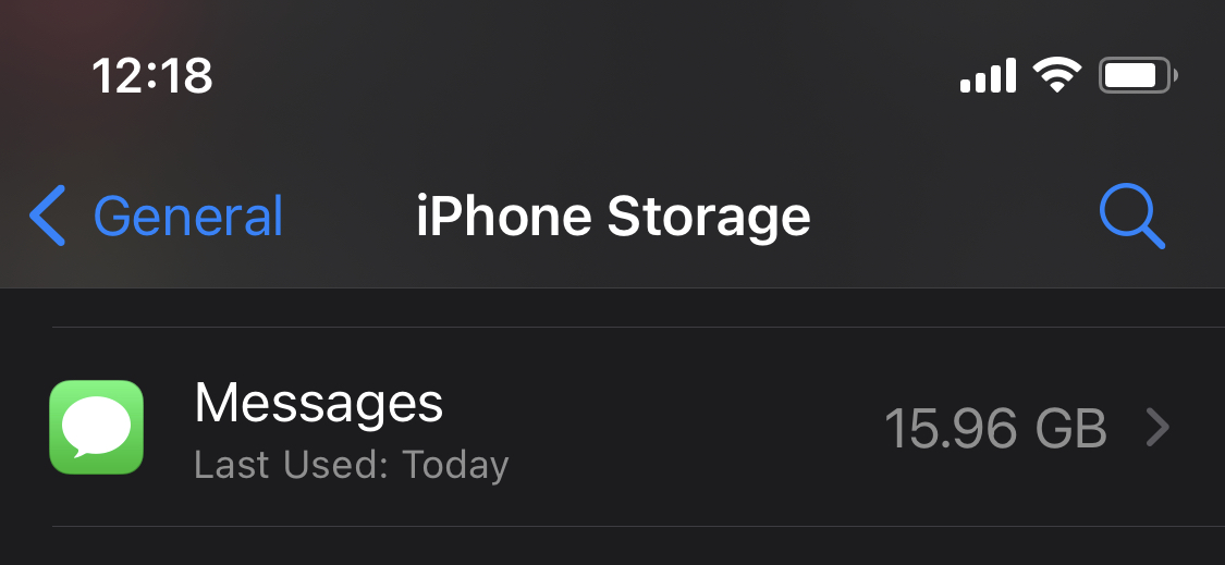 ios screenshot showing 15.96GB phone storage usage