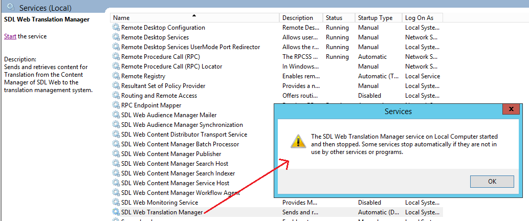 Tridion Translation Manager Service start issue