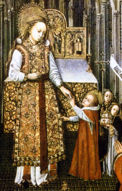 Our Lady, wearing a classic chasuble and stole, stands at the altar, presumably ready to distribute holy communion. She seems to hold a paten in her right hand, and with her left she holds the hand of the child Jesus.