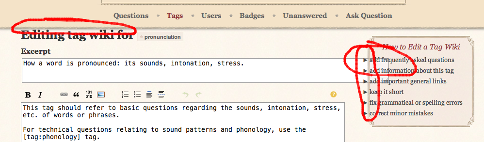 Image of tag wiki edit page with layout bugs circled