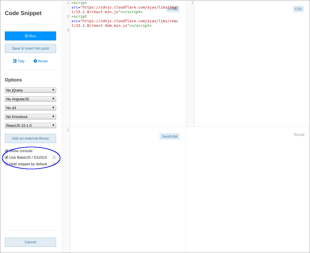 An image of the Stack Snippet interface with the "Use BabelJS (enables ES2015+, JSX)" checkbox circled