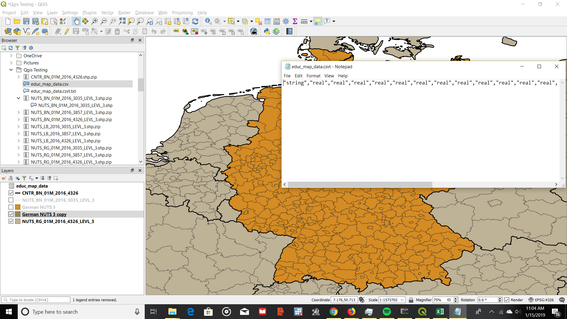 Screen shot of Qgis project and csvt text file