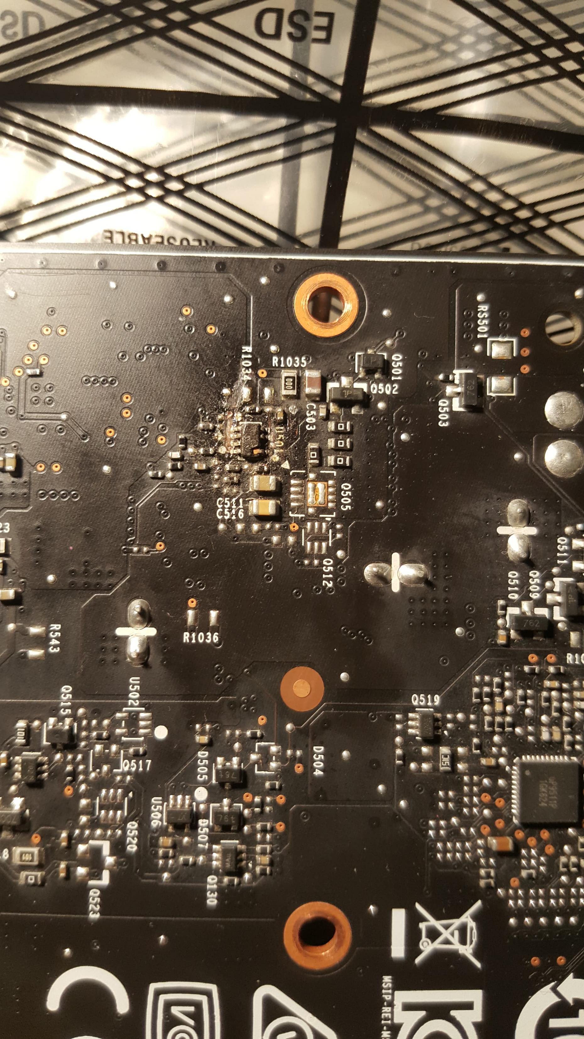 Back of a graphics card PCB, the step down converter in Q501 has a leg missing (TSOT-23-8)