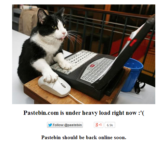 Pastebin.com is under heavy load right now. Should be back online soon.