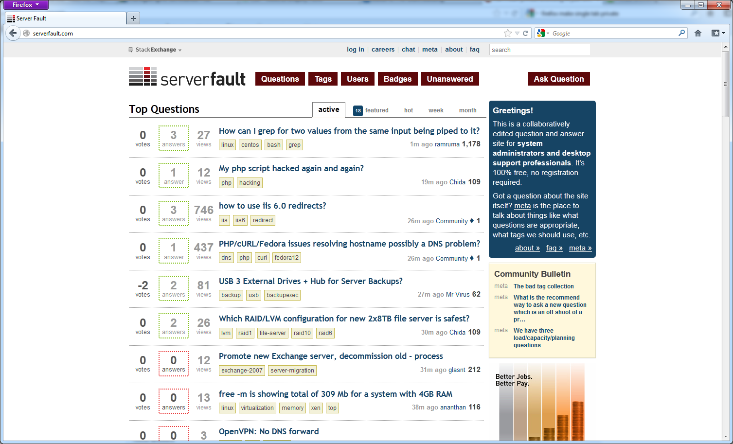 Server Fault's front page as a brand new visitor