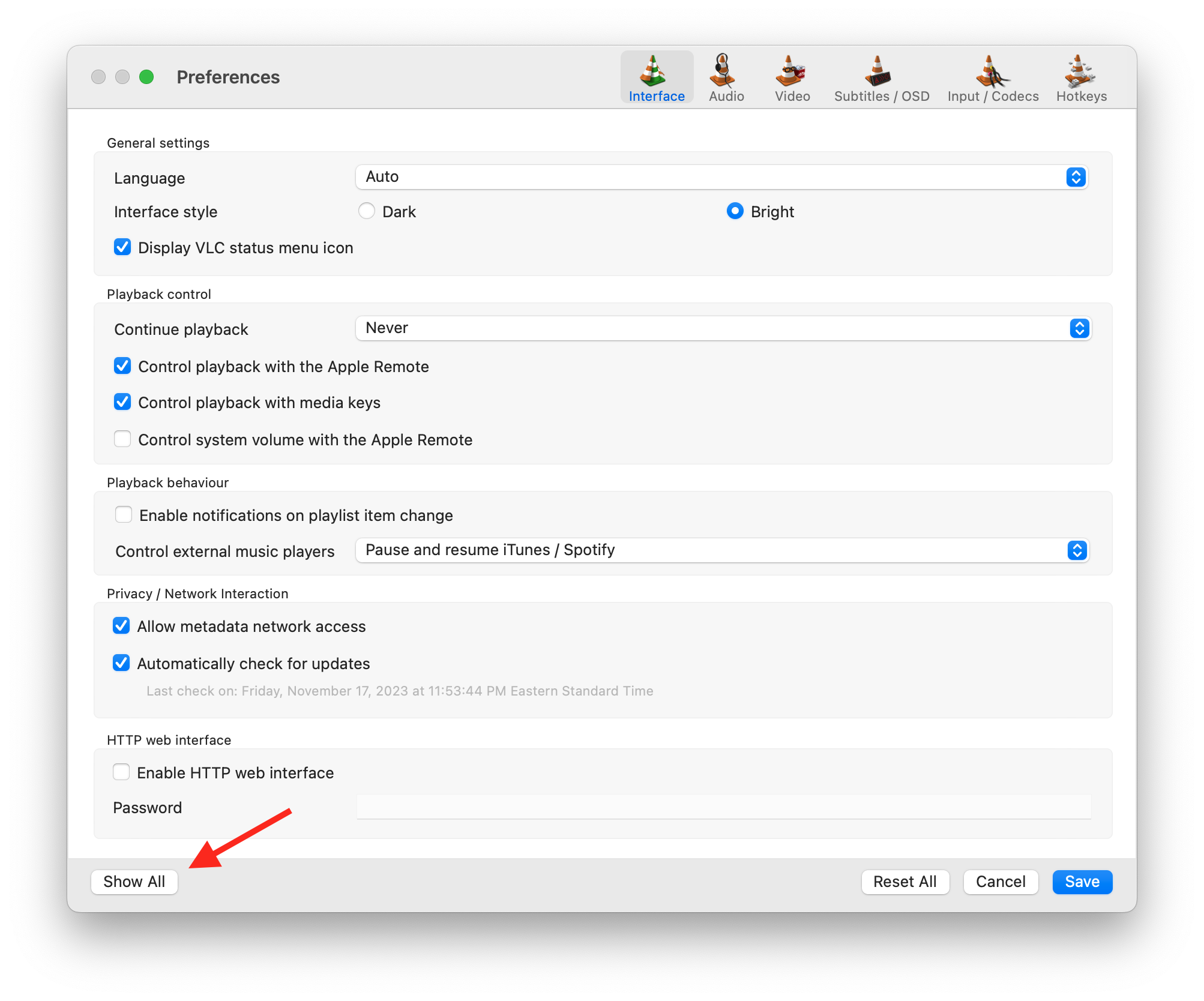 The main VLC Preferences window with an arrow drawn to the Show All button