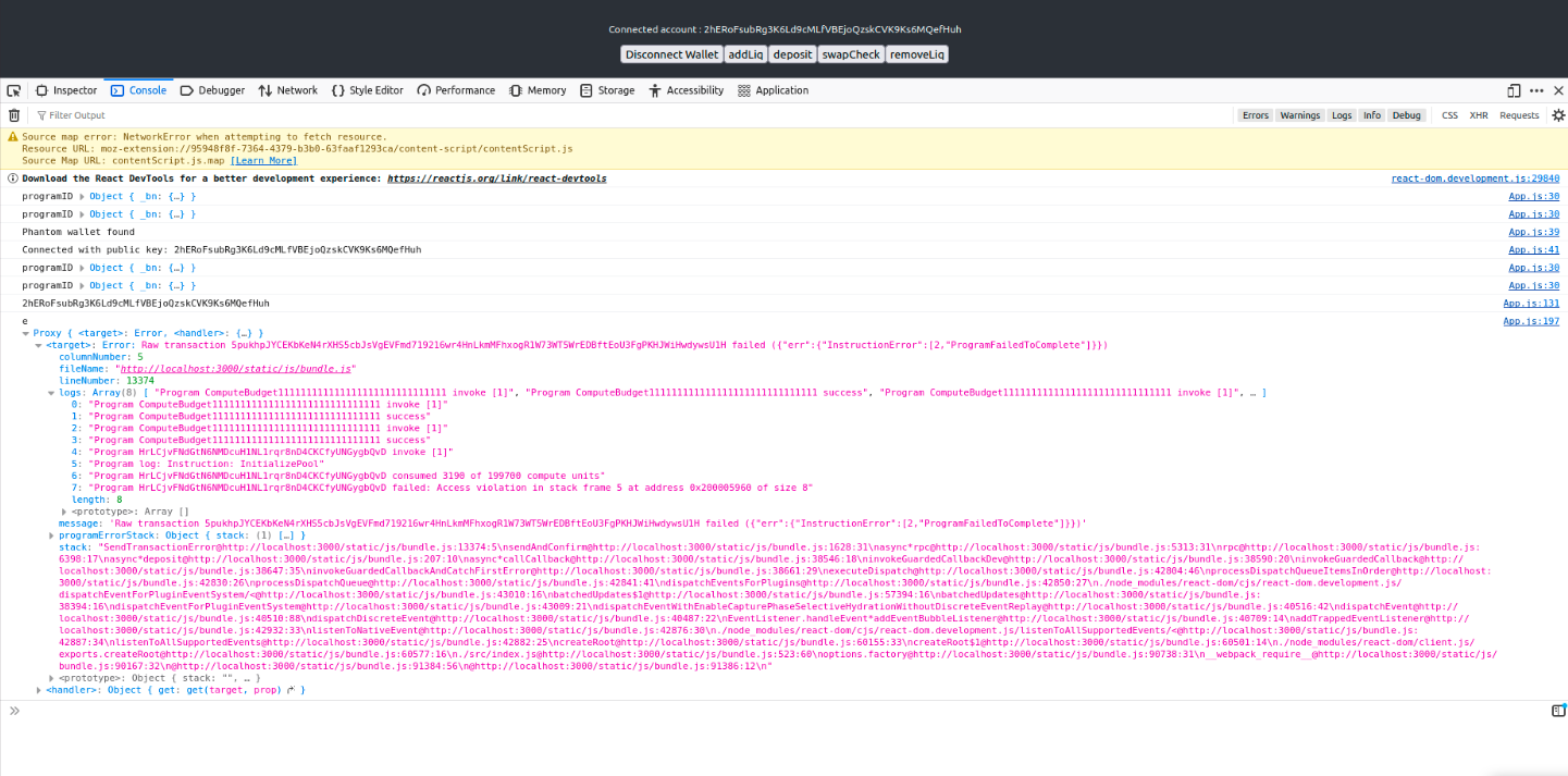 Solana error console for the above codes