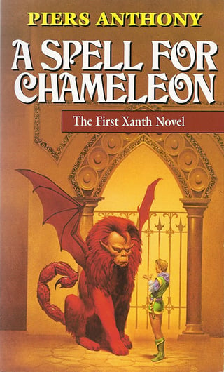 A Spell for Chameleon book cover showing a young man talking to a Griffon who is standing guard at an ornate gate