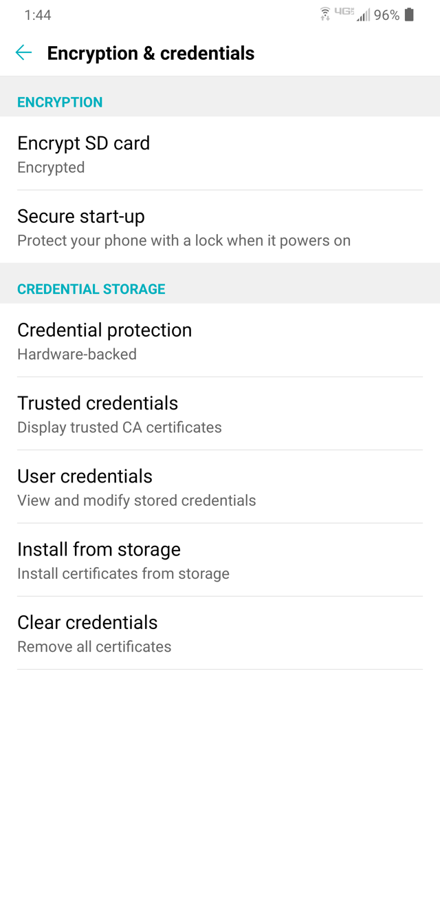 Encryption & credentials screen