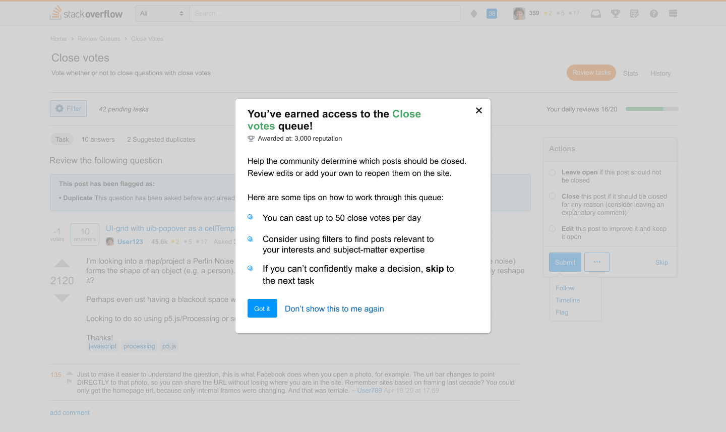 Informational modal for Close Votes