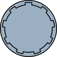 This emblem is a bluish-grey circle inscribed with a black circular line that has nine evenly-spaced square notches like a gear