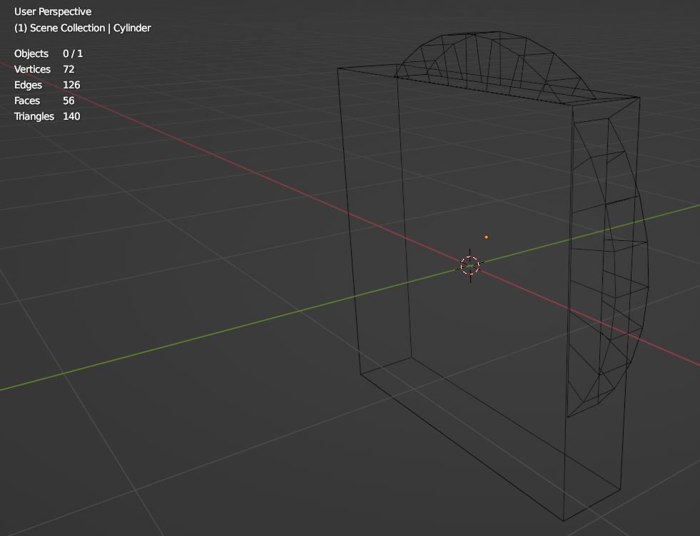 One object of a cylinder like shape protruding out of a rectangular prism. 1 Object, 72 Vertices, 126 Edges, 56 Faces, 140 Triangles